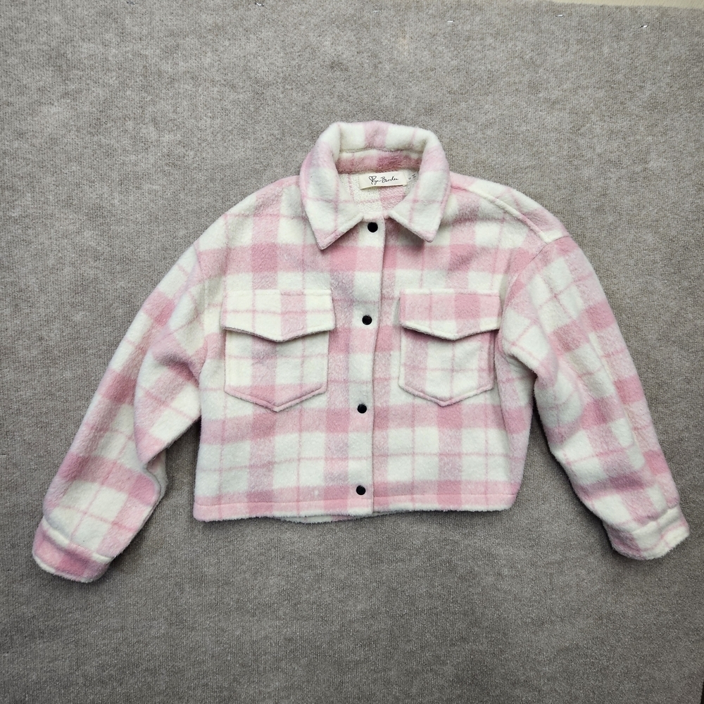 Lyn Burches Pink White Plaid Fuzzy Sherpa Shacket Cropped Boxy Jacket M - Picture 7 of 15